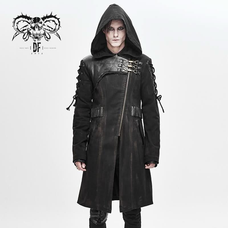 Hand Painted Faded Steampunk Denim Tattered Hooded Coat For Men