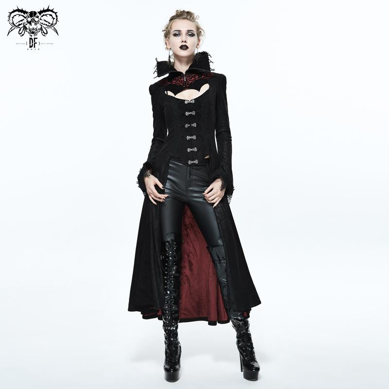 Black And Red Floral High Collar Embroidered Women Dress Coat