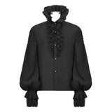 Gothic Double Layer Cuff Design High Collar Pleated Chiffon Black Men Lace Shirts