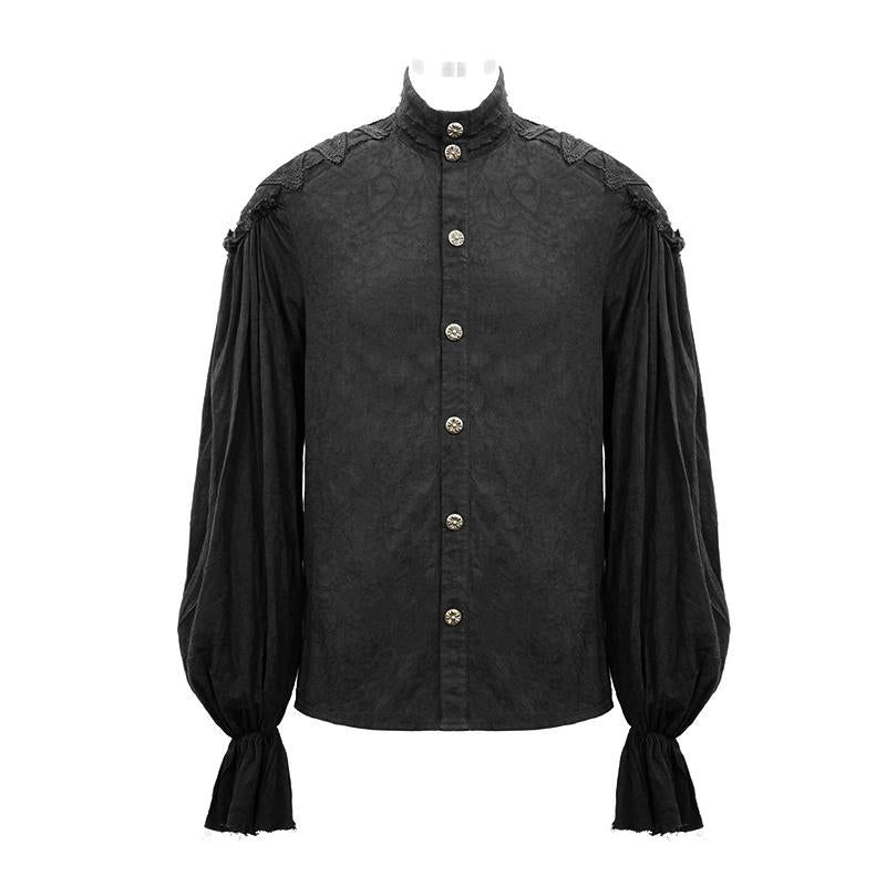 Steampunk Puff Sleeve Dark Grain Jacquard Cotton And Linen Men Black Shirts