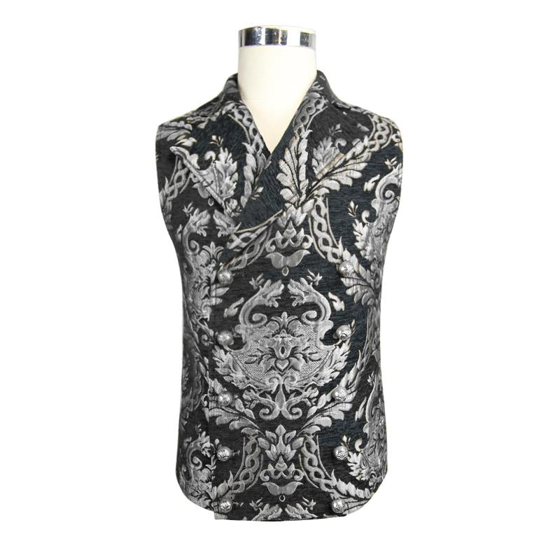 Gothic High Quality Western Fashion Black And Silver Palace Floral Men Short Waistcoats