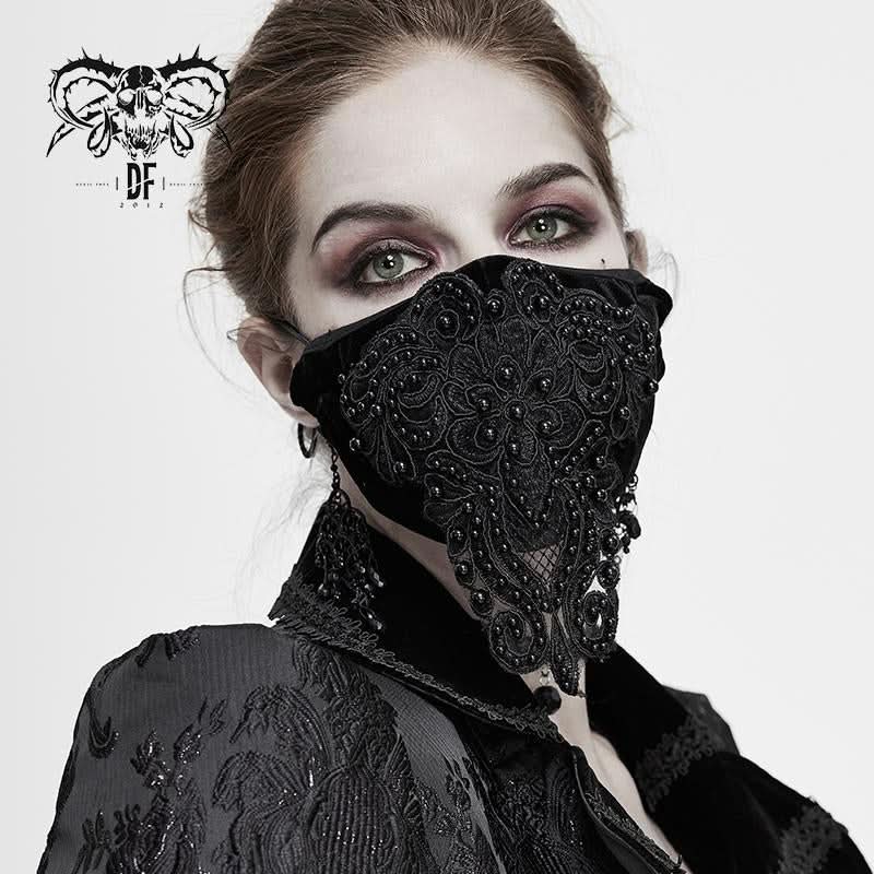 Gothic Black Beaded Velvet Sexy Women Lace Mask