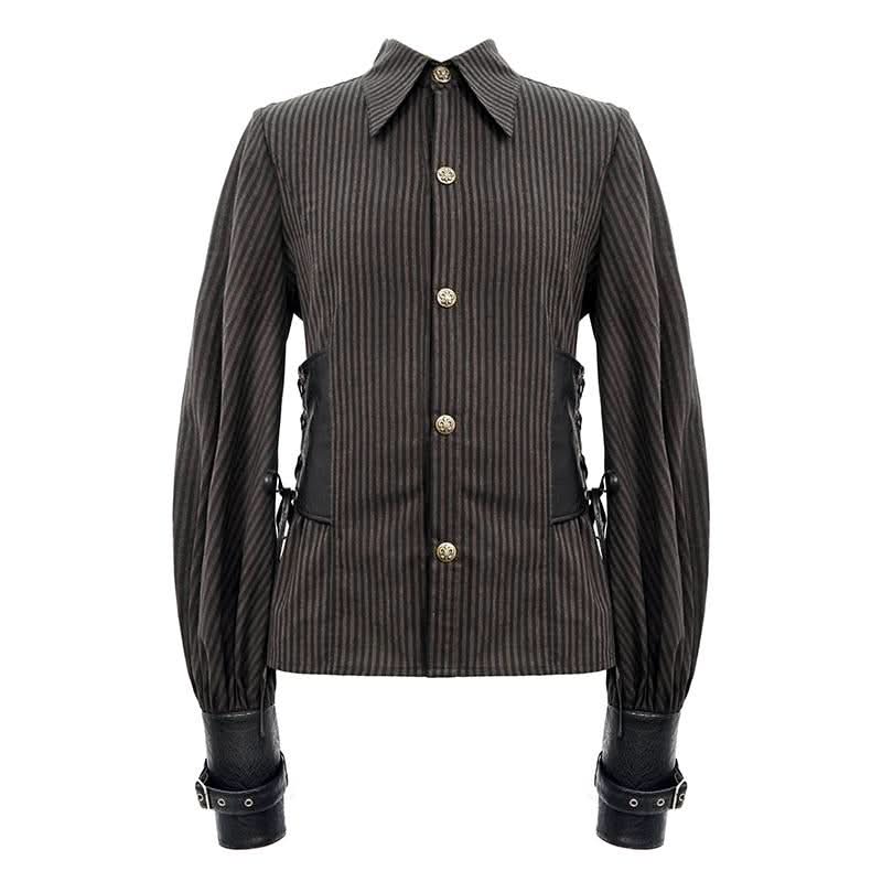 Western Fashion Autumn Steampunk Brown Striped Shirts With Fake Belt