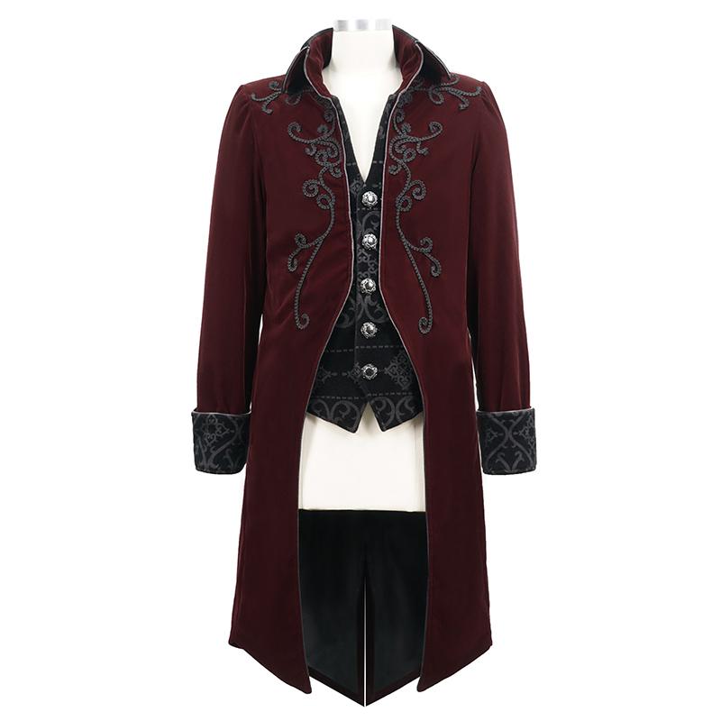 Winter Men Red Gothic Party Fake Two Pieces Velvet Long Coats