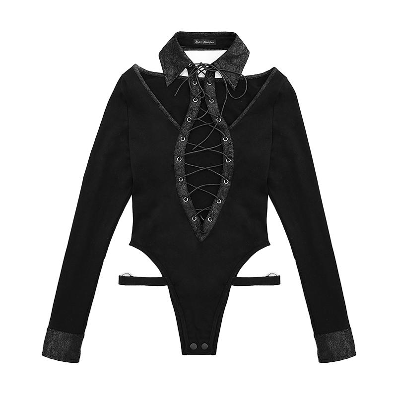 Lace Up Long Sleeves Sexy Women Punk Knitted Cotton Jumpsuit With Collar