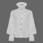 Gothic Lace Cuff High Collar Pleated Chiffon White Men Shirts With Flounces Necktie
