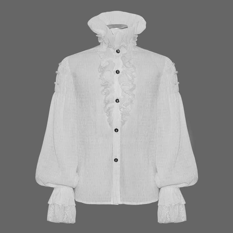 Gothic Lace Cuff High Collar Pleated Chiffon White Men Shirts With Flounces Necktie