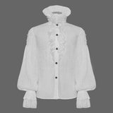 Gothic Lace Cuff High Collar Pleated Chiffon White Men Shirts With Flounces Necktie