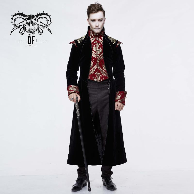 Gothic Jacquard Black Stand Collar Embroidery Men Long Coat