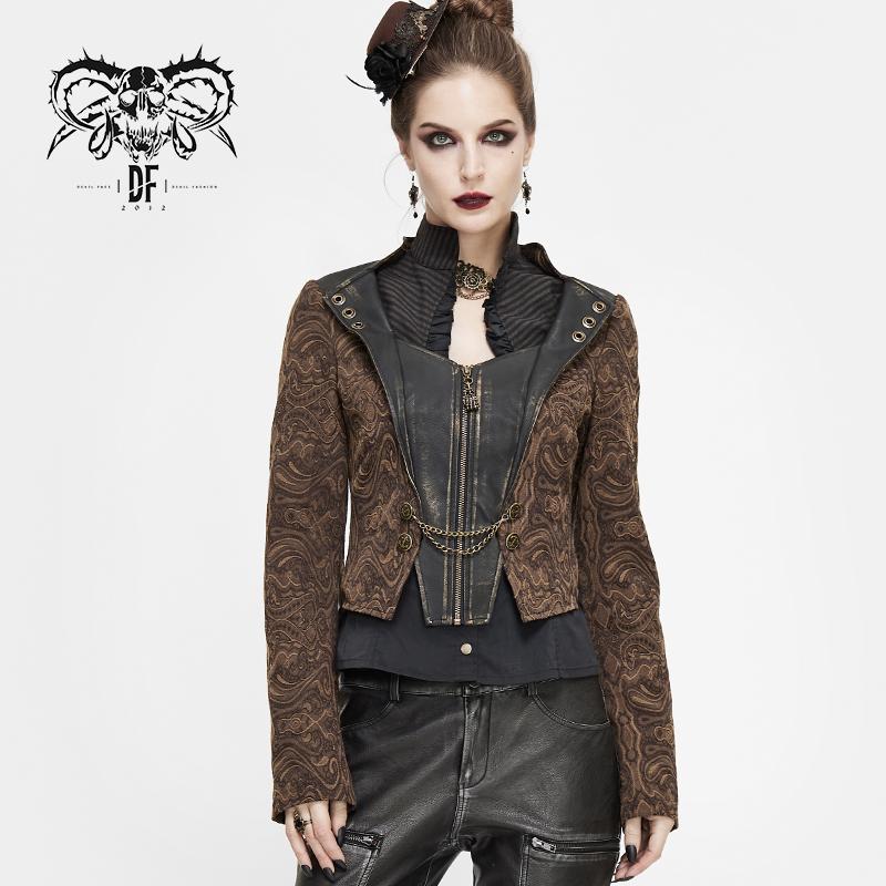 Steampunk Coffee Jacquard Women Slim Short Jackets With Chains