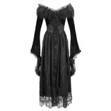 Gothic Off Shoulder Lace Pleated Sexy Women Formal Long Dress With Fur Collar