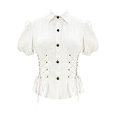 Summer Steampunk Short Puff Sleeve Solid Color Women Cotton And Linen White Blouse