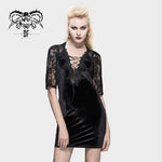 Daily Lace Raglan Sleeves Rose Mesh Flocking Sexy Women Deep V Velvet Dress With Lotus Leaf