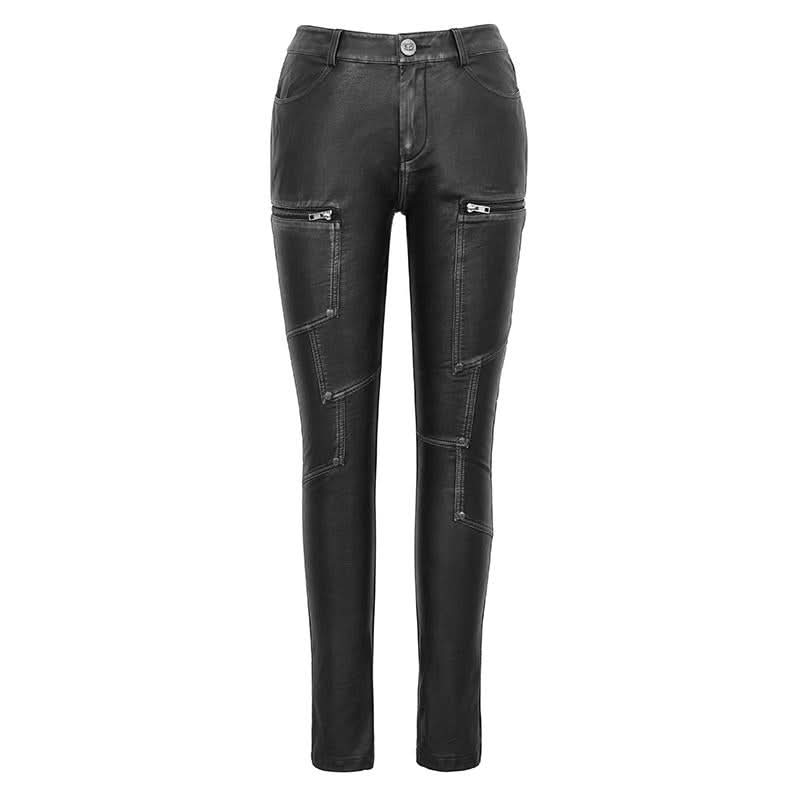 Punk Biker Block Shaped Patchwork Hand Rubbed Gray Women Leather Pants