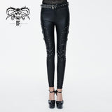 Sexy Women Rivets Studded Skinny Coarse Grain Leather Pants With Adjusted Loops