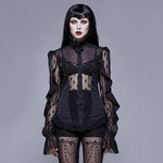 See Through Diamond Pattern Lace Sexy Ladies Gothic Chiffon Blouse With Beaded Flower