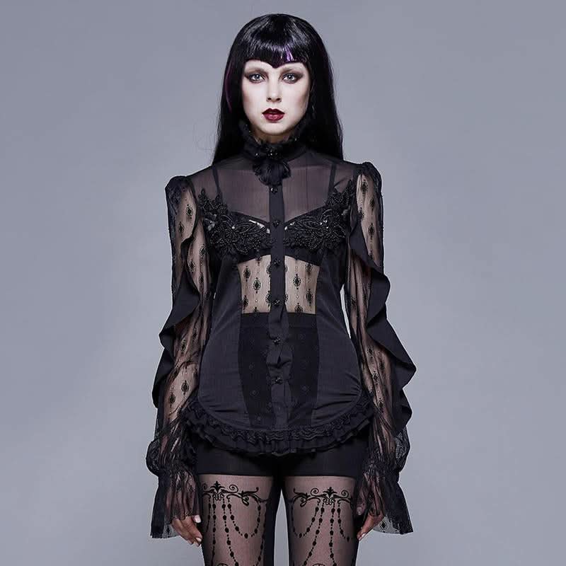 See Through Diamond Pattern Lace Sexy Ladies Gothic Chiffon Blouse With Beaded Flower