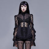See Through Diamond Pattern Lace Sexy Ladies Gothic Chiffon Blouse With Beaded Flower