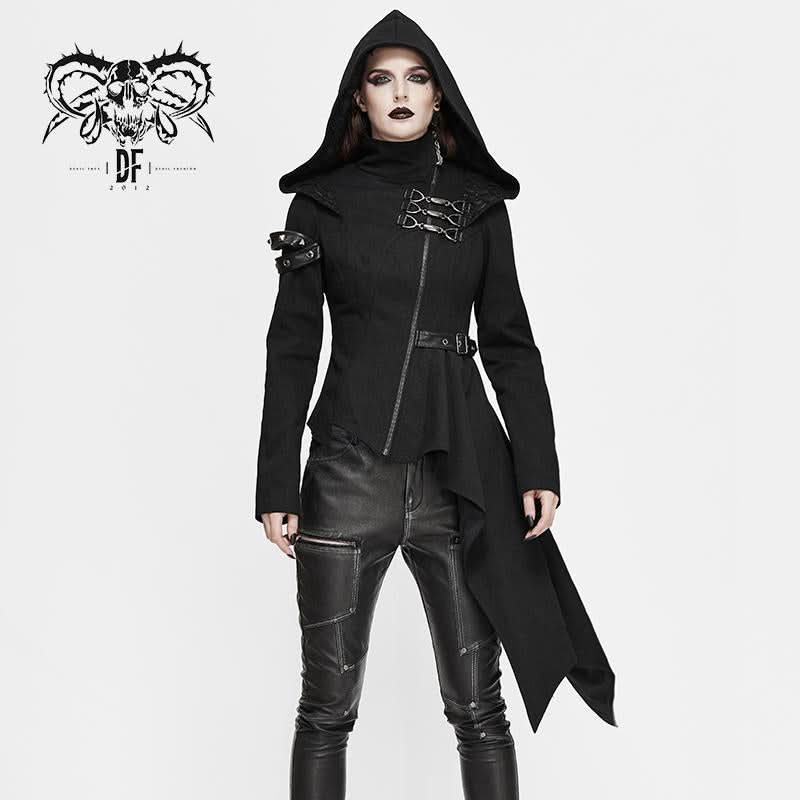 Asymmetrical Women Black Zipper Up Punk Hooded Jacket