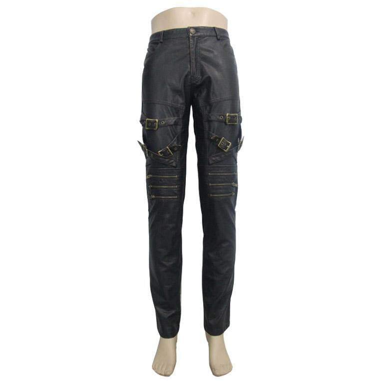 Punk Rock Biker Bronze Winter Men Leather Trousers With Zipper And Loops