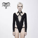 Lace Up Long Sleeves Sexy Women Punk Knitted Cotton Jumpsuit With Collar