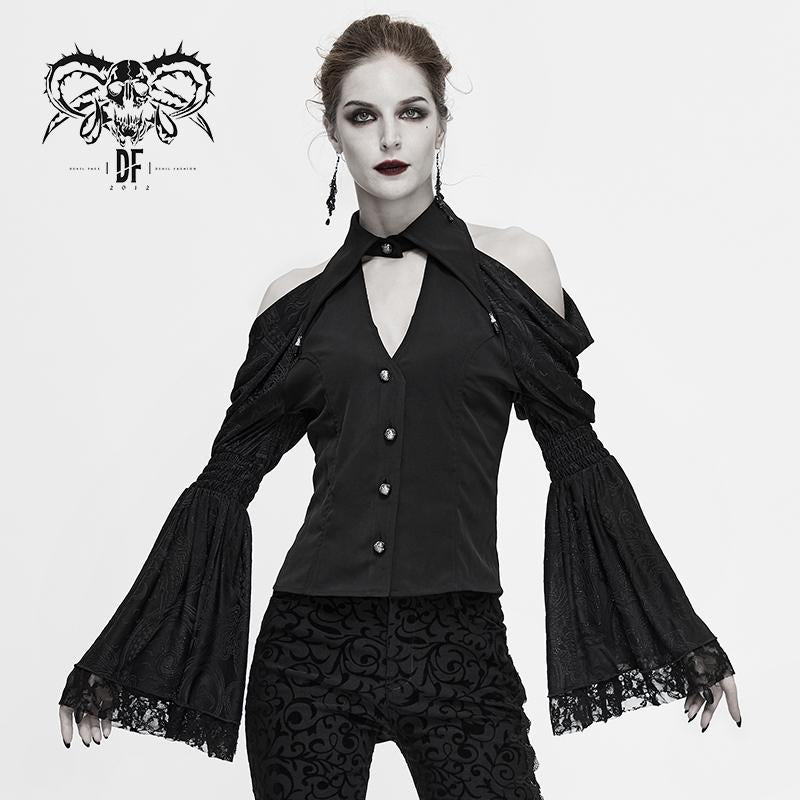 Daily Fancy Costume Sexy Ladies Gothic Off The Shoulder Flare Sleeves V Neck Shirts