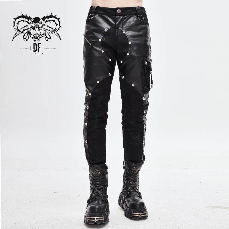 Patchwork Asymmetric Rivet Studded Punk Leather Men Trousers