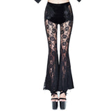 Transparent Rose Patterned Lace Velvet Stretchy Bell Bottom Pants With Flowers