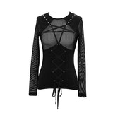 Perspective Pentagram Chest Black Mesh Punk Women T Shirt With Ribbons