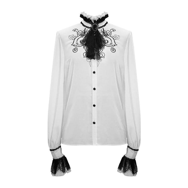 Punk Wedding Gothic Embroidered Long Sleeve Chiffon White Men Shirt With Necktie
