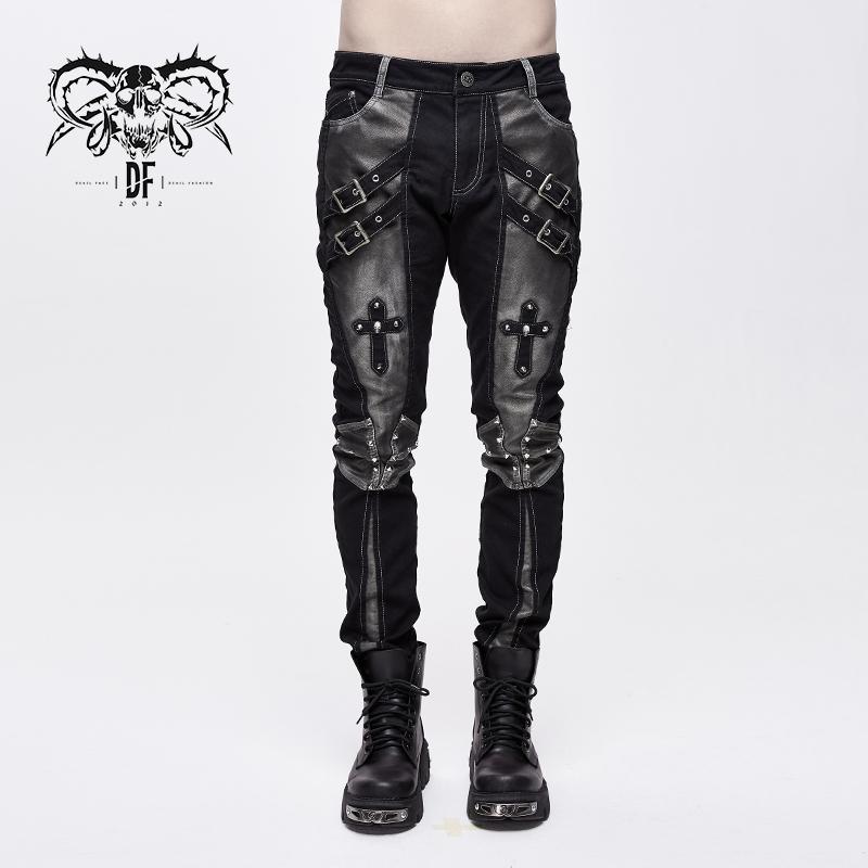 Designer Punk Contrast Color Hand Rubbed Leather Men Trousers With Loops