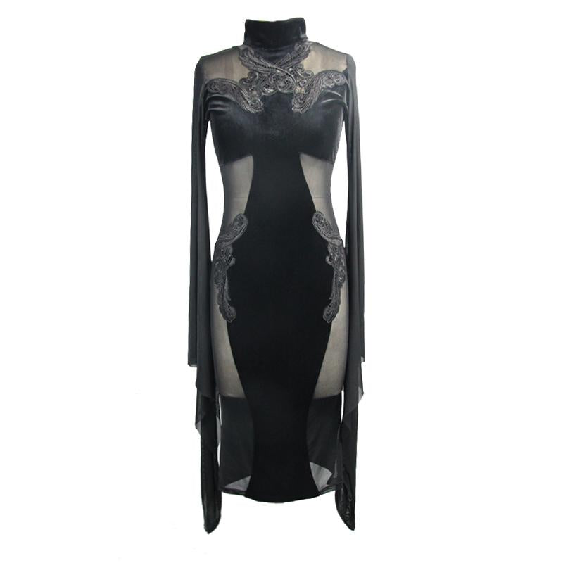 Gothic Cross Shape Stand Collar Flared Sleeves Sexy Ladies Stretchy Middle Length Velvet Dress