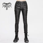 Punk Biker Block Shaped Patchwork Hand Rubbed Gray Women Leather Pants