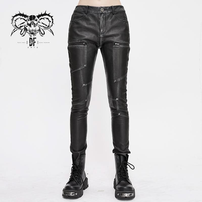 Punk Biker Block Shaped Patchwork Hand Rubbed Gray Women Leather Pants
