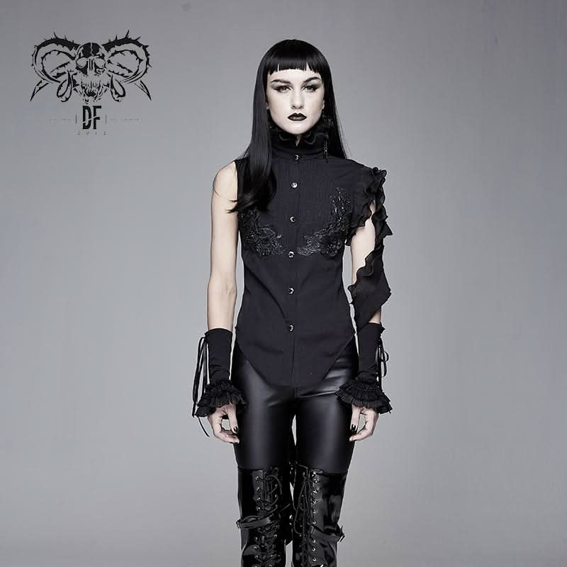 Summer Gothic Black Women Twining Ruffled Lace Sleeves Swallowtail Chiffon Blouse