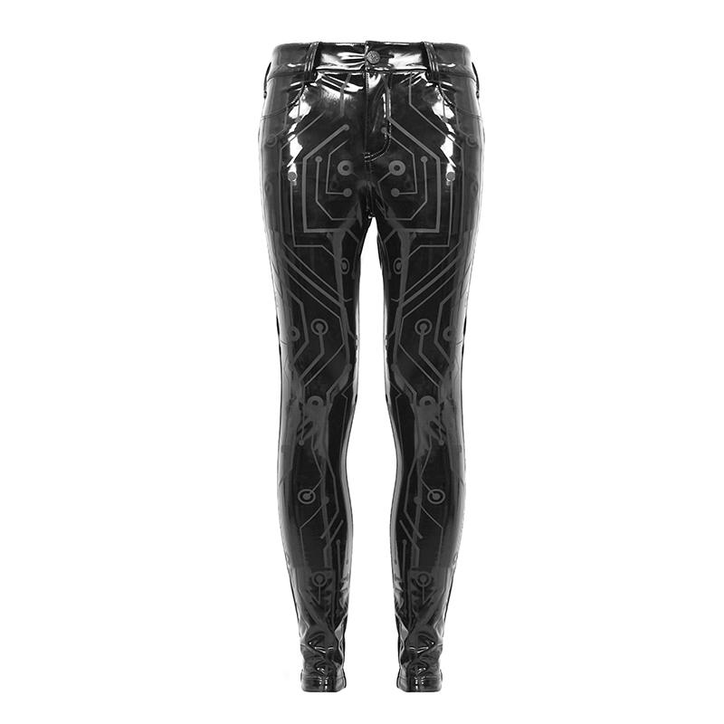 Cyber Punk Circuit Printed High Quality Stretchy Glazed Leather Men Tight Trousers