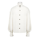 Steampunk Puff Sleeve High Collar Cotton And Linen Men White Shirts