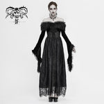 Gothic Off Shoulder Lace Pleated Sexy Women Formal Long Dress With Fur Collar