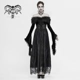 Gothic Off Shoulder Lace Pleated Sexy Women Formal Long Dress With Fur Collar