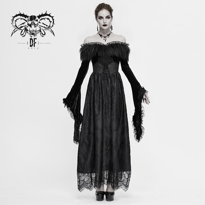 Gothic Off Shoulder Lace Pleated Sexy Women Formal Long Dress With Fur Collar