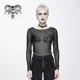'Dark Embrace' Punk Leather Embroidery Women T-Shirt With Skeleton Skull Palm