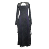 Gothic Purple Positioning Flower Elegant Women Lace Flared Long Sleeves Dress