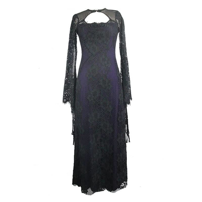 Gothic Purple Positioning Flower Elegant Women Lace Flared Long Sleeves Dress