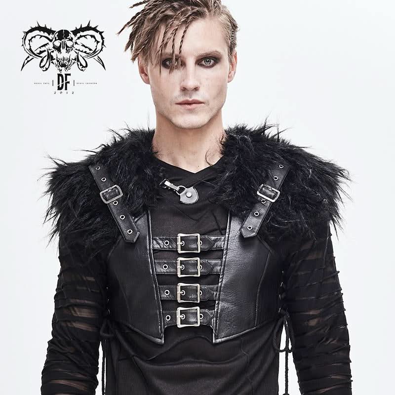 Hallowmas Darkness Punk Men Fur Shawl Short Leather Vests With Loops