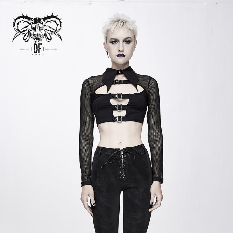 Everyday Summer Bat Collar Hollow Out Mesh Long Sleeves Women Midriff Baring Tops