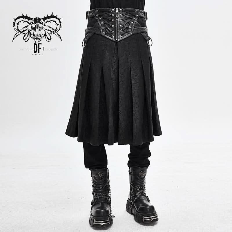 Punk Metallic Mist Textured Leather Waistband Dark Grain Pleated Men Kilts