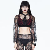 Summer Black And Red Sexy Women Lace Sleeve Ultrashort Halter T Shirt With Bead Chains
