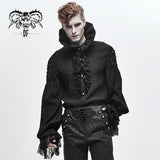 Gothic Double Layer Cuff Design High Collar Pleated Chiffon Black Men Lace Shirts
