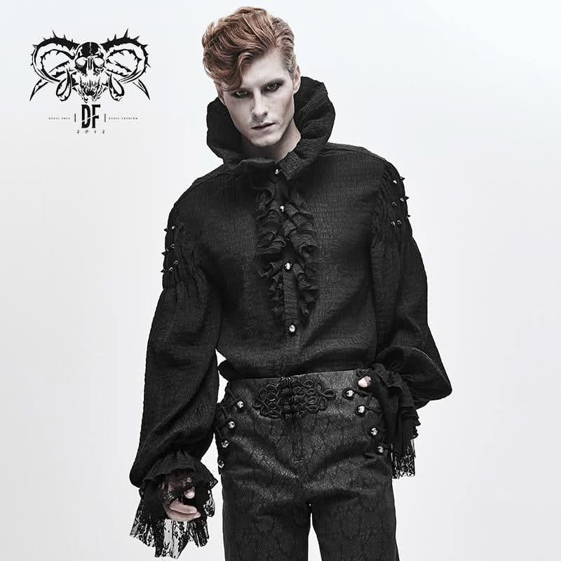 Gothic Double Layer Cuff Design High Collar Pleated Chiffon Black Men Lace Shirts