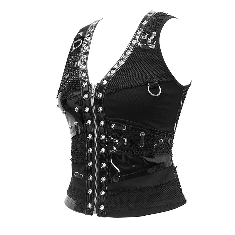 Cyber Punk Asymmetrical Design Heavy Metal Sexy Ladies Black Small Mesh Vests